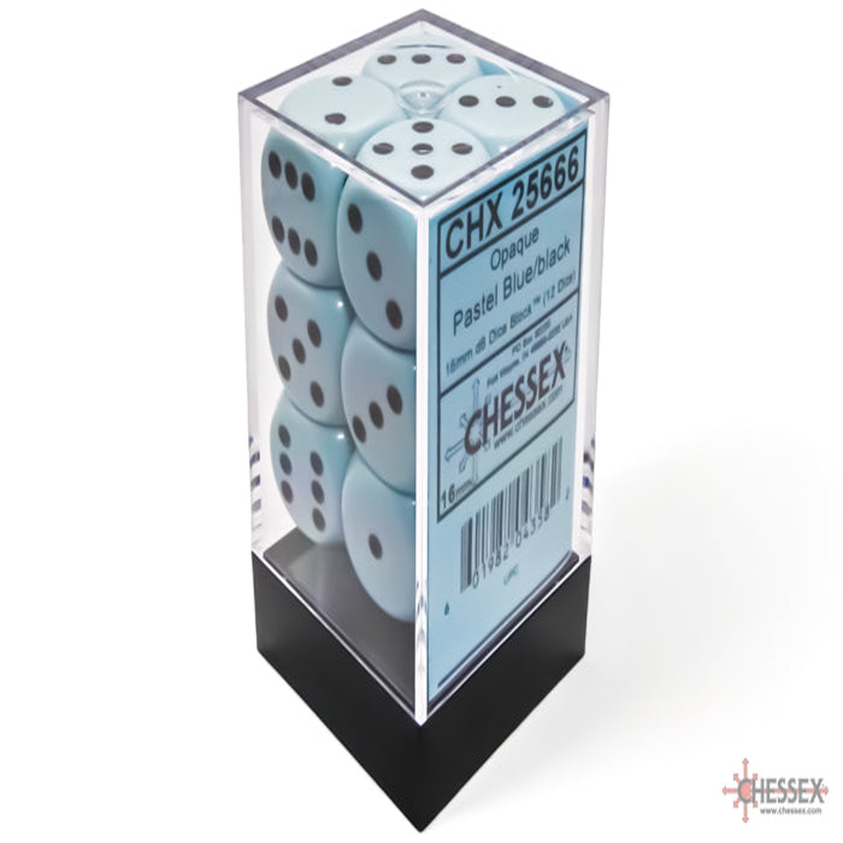 Chessex – 16mm d6 Dice Block (12 Dice) – Opaque – Pastel Blue/black