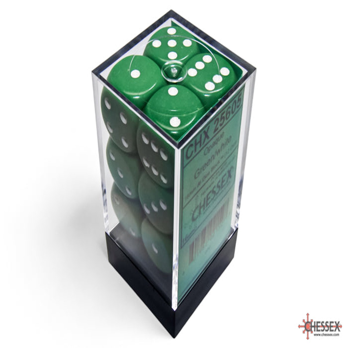 Chessex – 16mm d6 Dice Block (12 Dice) – Opaque – Green/white