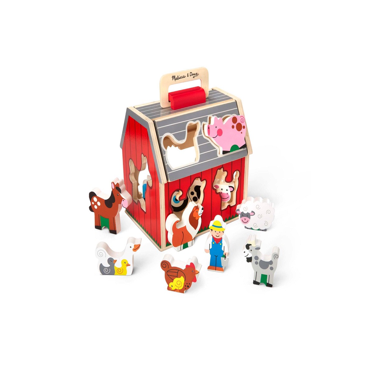 Melissa & Doug Take-Along Sorting Barn – 11-Piece Wooden Shape Sorter & Farm Playset
