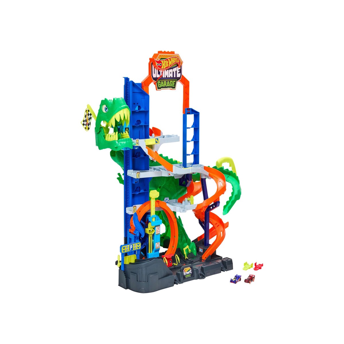 Hot Wheels City Ultimate T-Rex Garage Playset with 2 Die-Cast Cars, 1:64 Scale