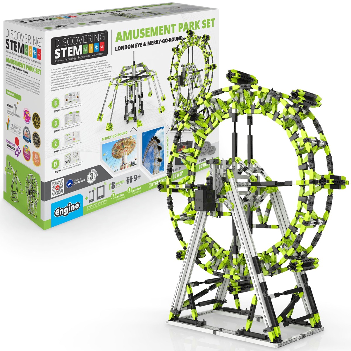 Engino Discovering STEM Amusement Park: London Eye & Ferris Wheel Motorized Building Set – 8 Models