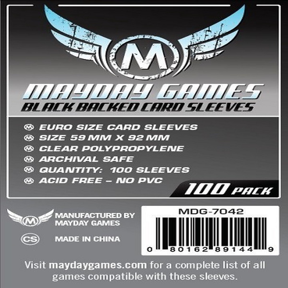 Mayday: Standard Euro Sleeves Black Backed 59mm X 92mm (100ct)